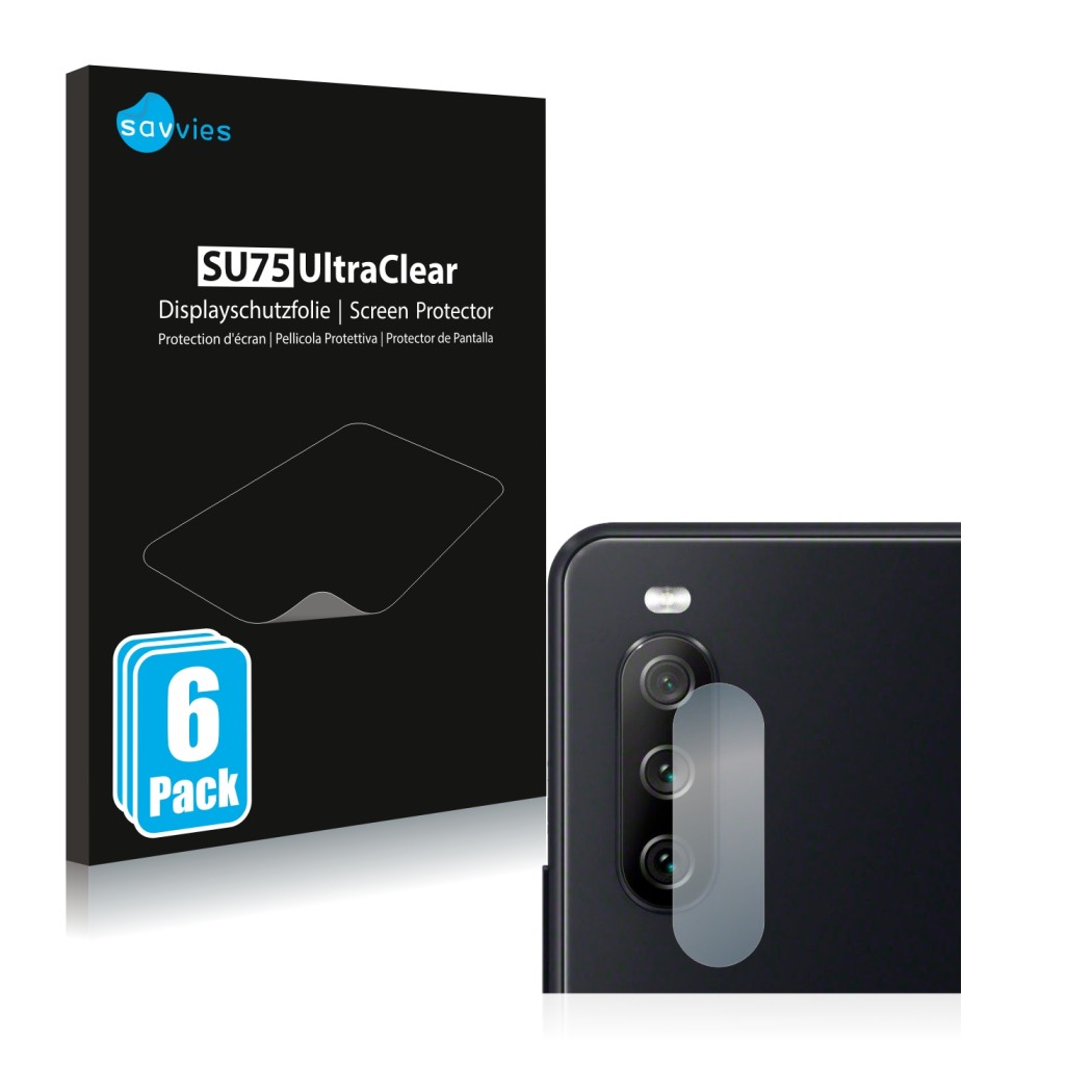 Vorderseite einer Produktverpackung mit dem Markenlogo Savvies. Daneben ist das Gerät Sony Xperia 10 III (NUR Kameraschutz) mi