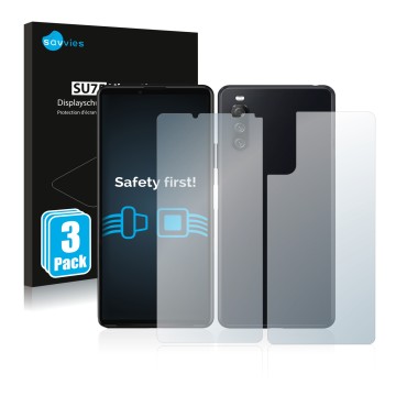 Face avant d’un emballage produit avec le logo de la marque Savvies. À côté, l’appareil Sony Xperia 10 III (Avant+Arrière) est