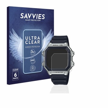 Parte frontale di una confezione del prodotto con il logo del marchio Savvies. Accanto è raffigurato il dispositivo Casio AE-1