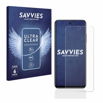 Front side of a product packaging with the brand logo Savvies. Next to it is the device Xiaomi Redmi Note 10 5G shown with the