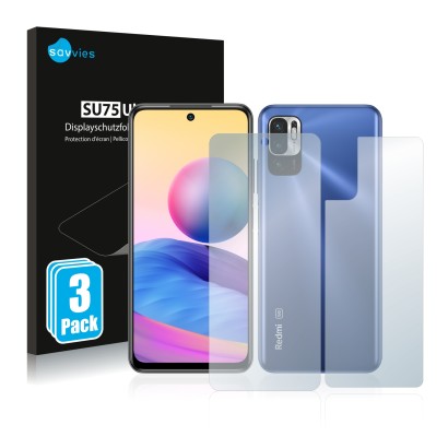 Front side of a product packaging with the brand logo Savvies. Next to it is the device Xiaomi Redmi Note 10 5G (Front+Back) s
