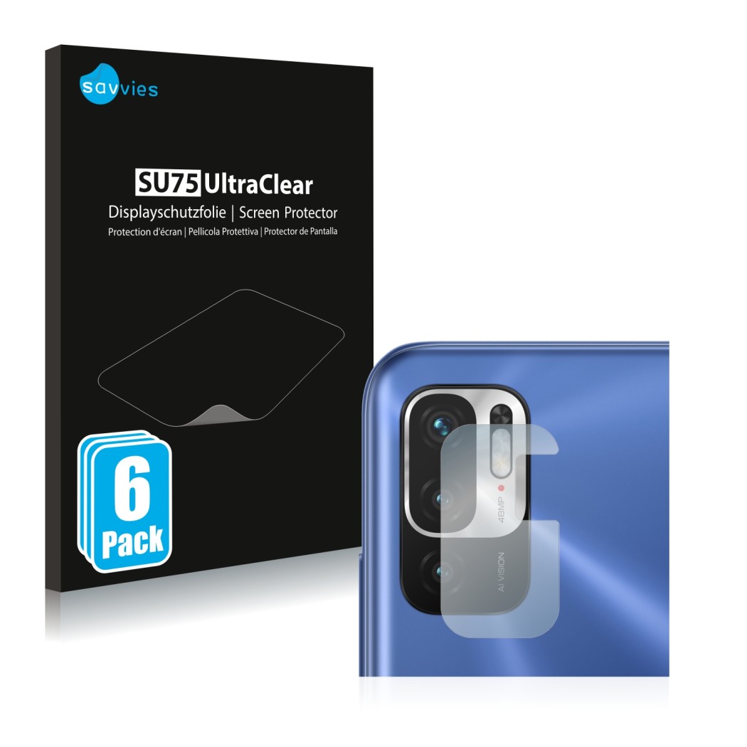 Front side of a product packaging with the brand logo Savvies. Next to it is the device Xiaomi Redmi Note 10 5G (ONLY Camera L