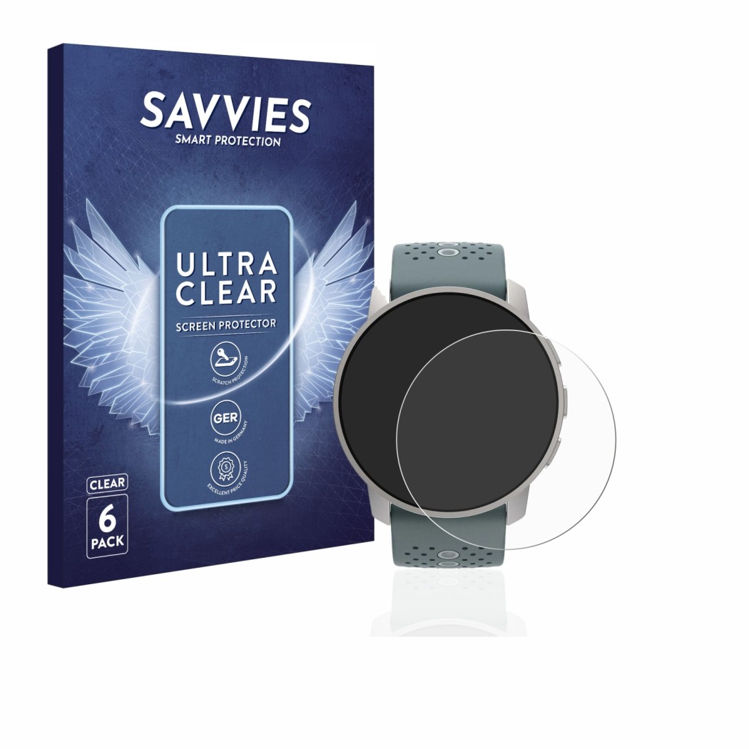 Vorderseite einer Produktverpackung mit dem Markenlogo Savvies. Daneben ist das Gerät Suunto 9 Peak mit dem zugehörigen Displa