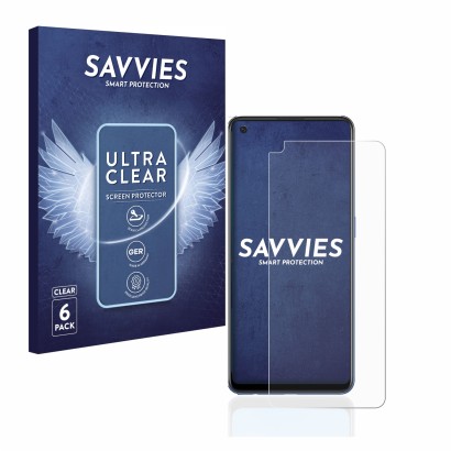 Front side of a product packaging with the brand logo Savvies. Next to it is the device Oppo A74 shown with the corresponding 