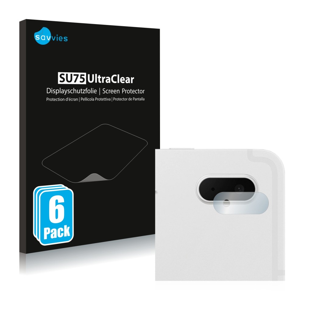 Front side of a product packaging with the brand logo Savvies. Next to it is the device Samsung Galaxy Tab S7 FE (ONLY Camera 