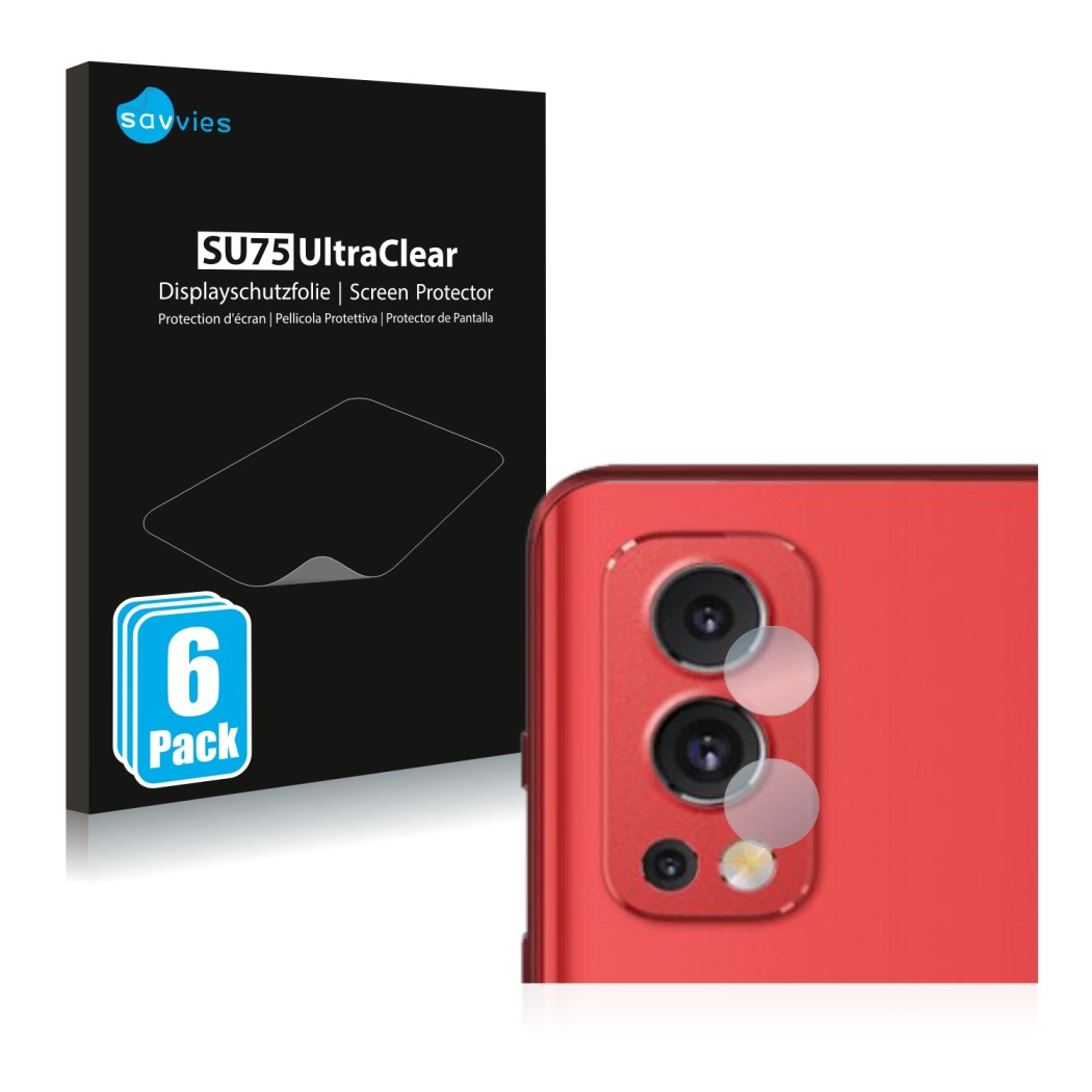 Parte frontal de un envase de producto con el logotipo de la marca Savvies. Al lado se muestra el dispositivo OnePlus Nord 2 5