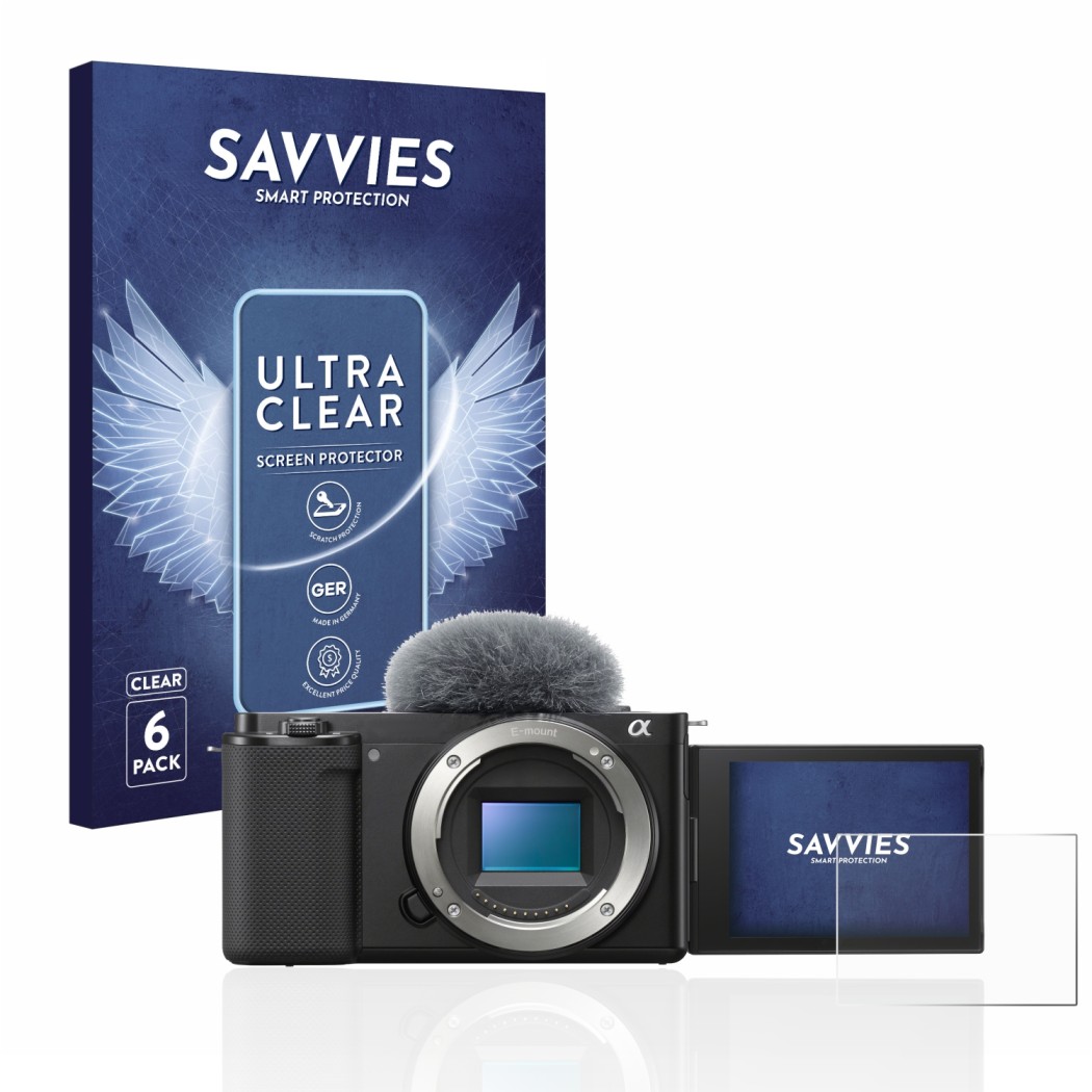 Face avant d’un emballage produit avec le logo de la marque Savvies. À côté, l’appareil Sony Alpha ZV-E10 est représenté avec 