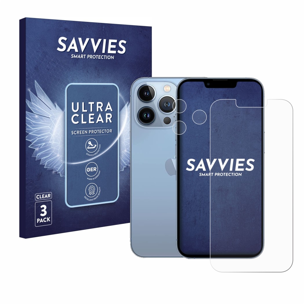 Parte frontal de un envase de producto con el logotipo de la marca Savvies. Al lado se muestra el dispositivo Apple iPhone 13 