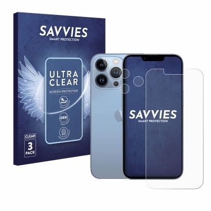 Parte frontal de un envase de producto con el logotipo de la marca Savvies. Al lado se muestra el dispositivo Apple iPhone 13 