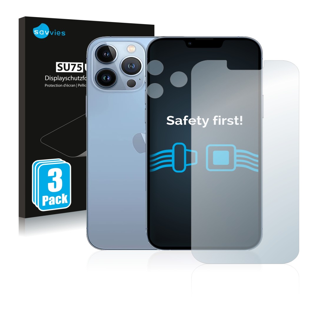 Parte frontal de un envase de producto con el logotipo de la marca Savvies. Al lado se muestra el dispositivo Apple iPhone 13 