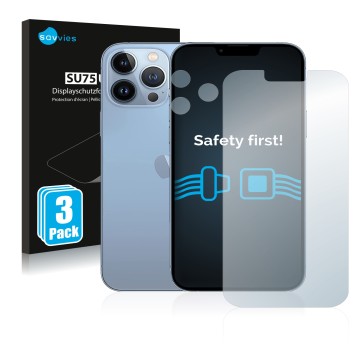 Parte frontal de un envase de producto con el logotipo de la marca Savvies. Al lado se muestra el dispositivo Apple iPhone 13 