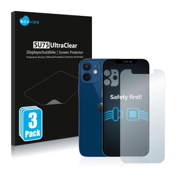 Front side of a product packaging with the brand logo Savvies. Next to it is the device Apple iPhone 12 (Front+Camera) shown w