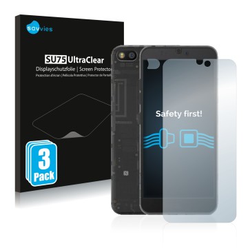 Front side of a product packaging with the brand logo Savvies. Next to it is the device Fairphone 3 (Front+Camera) shown with 