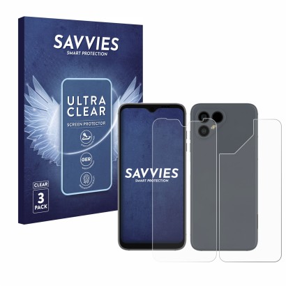 Vorderseite einer Produktverpackung mit dem Markenlogo Savvies. Daneben ist das Gerät Fairphone 4 (Display+Rückseite) mit dem 