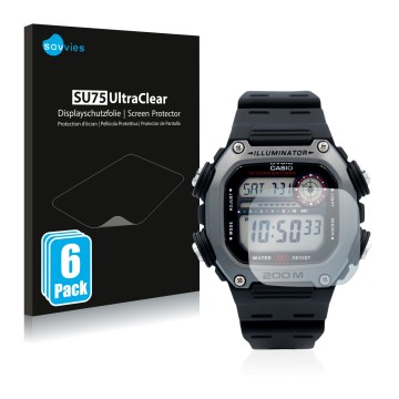 Parte frontale di una confezione del prodotto con il logo del marchio Savvies. Accanto è raffigurato il dispositivo Casio DW-2