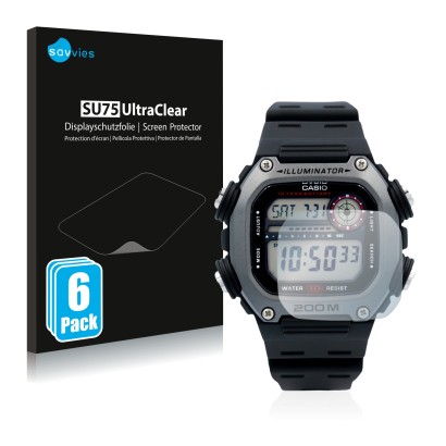 Front side of a product packaging with the brand logo Savvies. Next to it is the device Casio DW-291H shown with the correspon