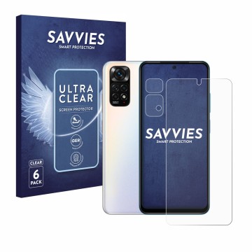 Parte frontal de un envase de producto con el logotipo de la marca Savvies. Al lado se muestra el dispositivo Xiaomi Redmi Not