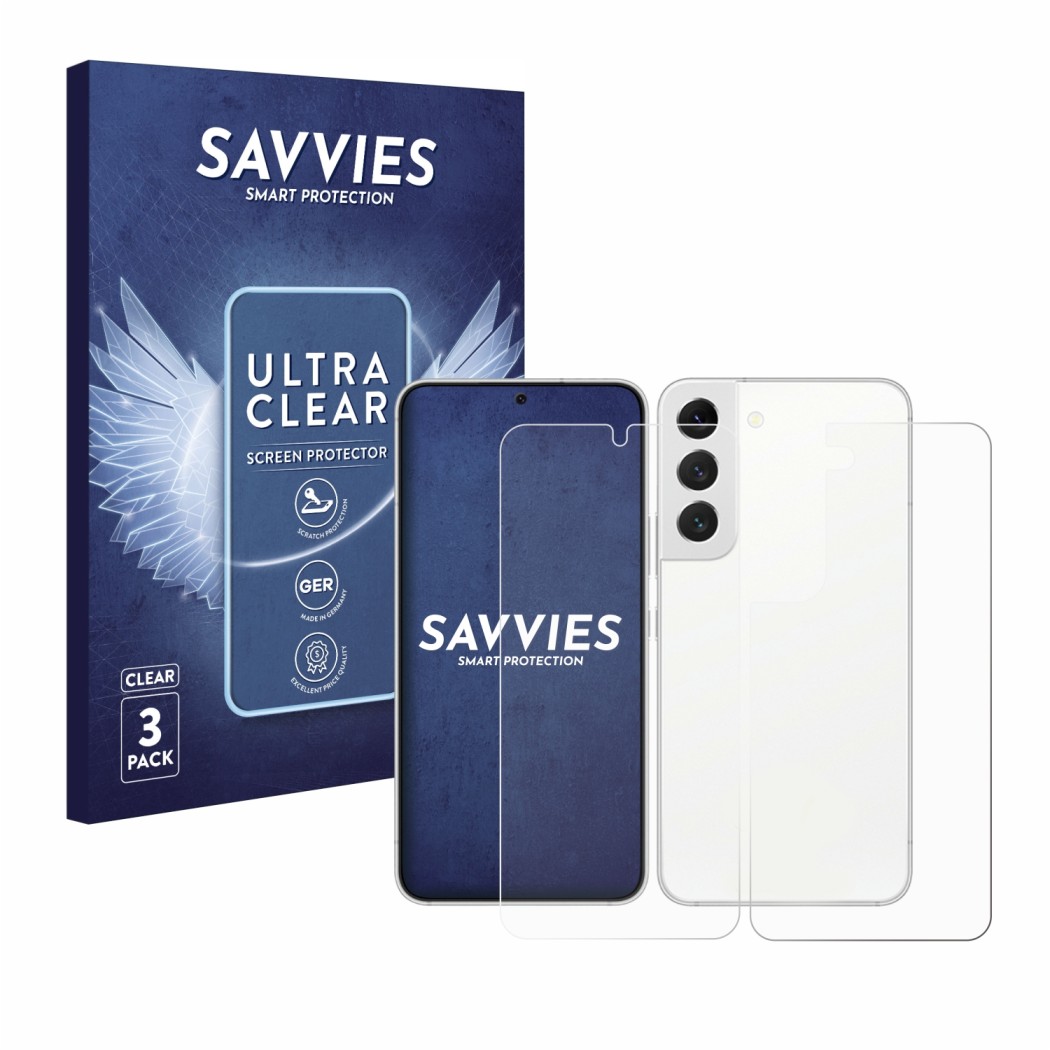 Front side of a product packaging with the brand logo Savvies. Next to it is the device Samsung Galaxy S22 5G (Front+Back) sho
