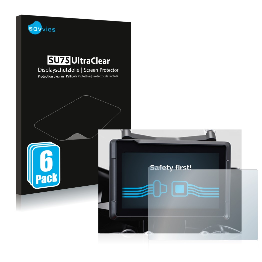 Front side of a product packaging with the brand logo Savvies. Next to it is the device KTM 1290 Super Duke GT 2022 TFT 7