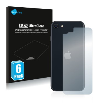 Vorderseite einer Produktverpackung mit dem Markenlogo Savvies. Daneben ist das Gerät Apple iPhone SE 3 2022 (Rückseite) mit d