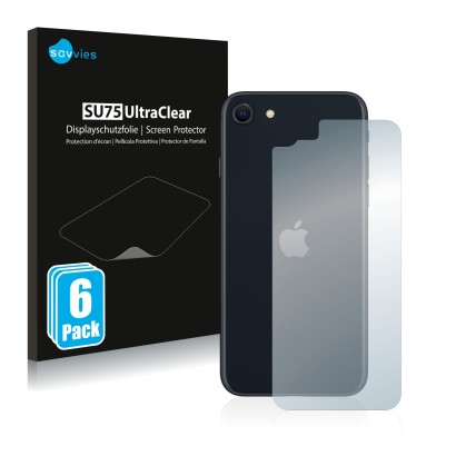 Vorderseite einer Produktverpackung mit dem Markenlogo Savvies. Daneben ist das Gerät Apple iPhone SE 3 2022 (Rückseite) mit d