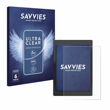 Vorderseite einer Produktverpackung mit dem Markenlogo Savvies. Daneben ist das Gerät Boox Nova Air C mit dem zugehörigen Disp