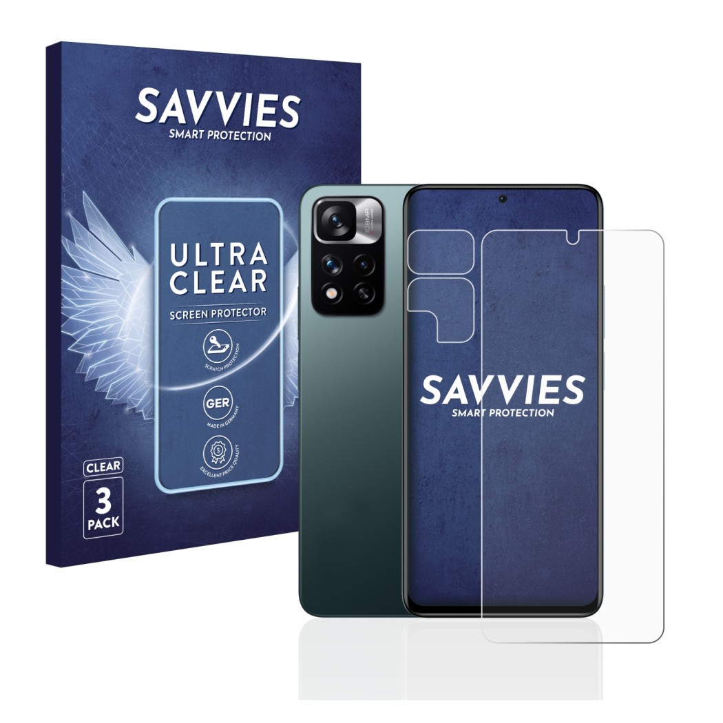 Front side of a product packaging with the brand logo Savvies. Next to it is the device Xiaomi Redmi Note 11 Pro+ 5G (Front+Ca