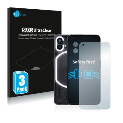 Front side of a product packaging with the brand logo Savvies. Next to it is the device Nothing Phone (1) (Front+Camera) shown