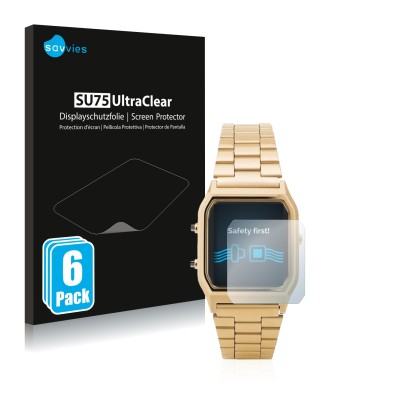 Parte frontale di una confezione del prodotto con il logo del marchio Savvies. Accanto è raffigurato il dispositivo Casio AQ-2