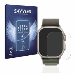 Front side of a product packaging with the brand logo Savvies. Next to it is the device Apple Watch Ultra (49 mm) shown with t