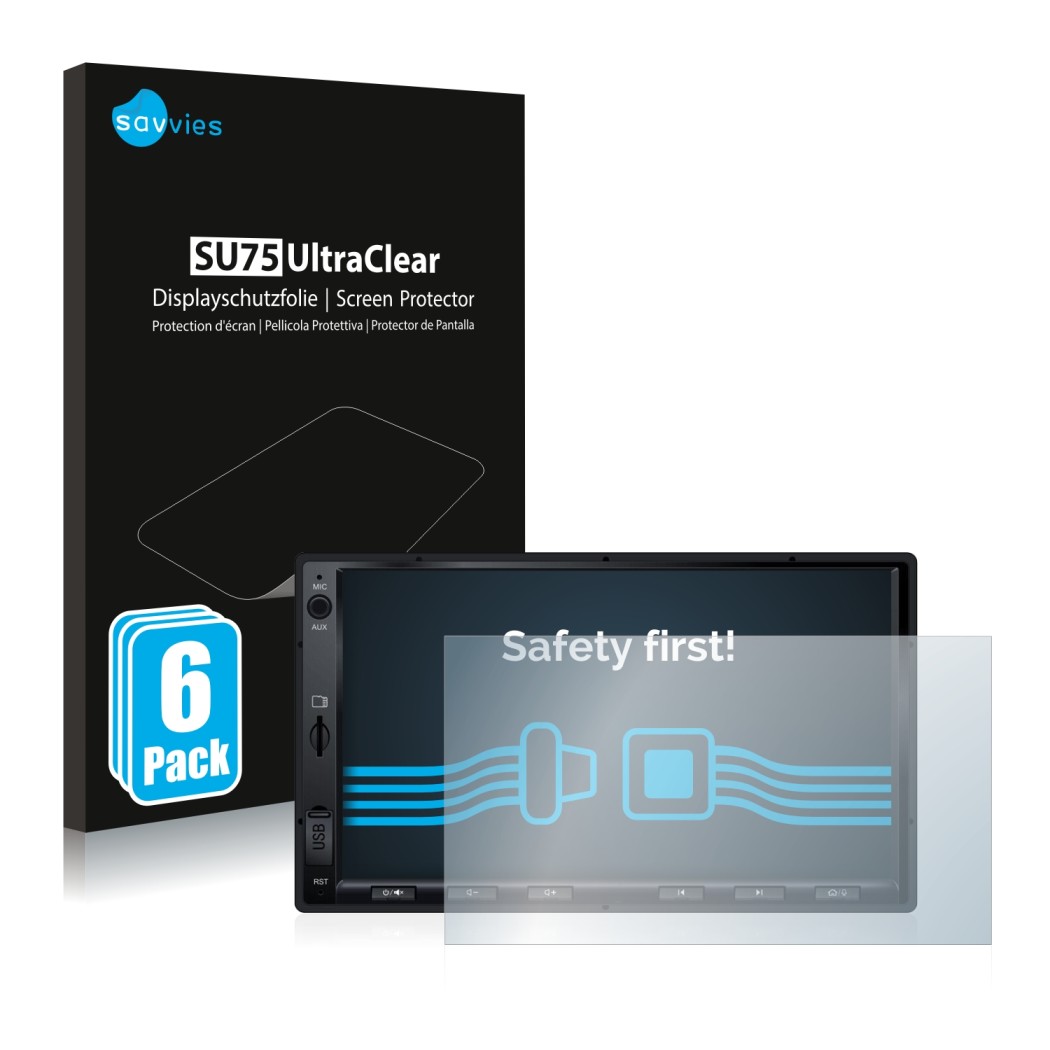 Vorderseite einer Produktverpackung mit dem Markenlogo Savvies. Daneben ist das Gerät Atoto S8 Standard 7 zoll mit dem zugehör