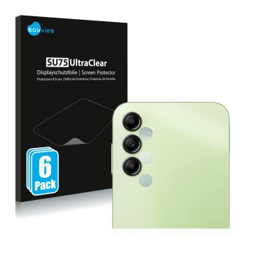 Front side of a product packaging with the brand logo Savvies. Next to it is the device Samsung Galaxy A14 5G (ONLY Camera Len