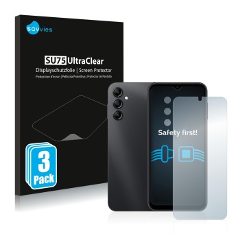 Face avant d’un emballage produit avec le logo de la marque Savvies. À côté, l’appareil Samsung Galaxy A14 5G (Avant+Caméra) e