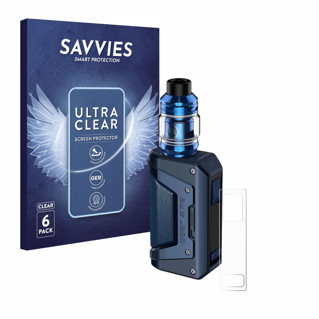 Front side of a product packaging with the brand logo Savvies. Next to it is the device GeekVape Aegis Legend 2 L200 shown wit