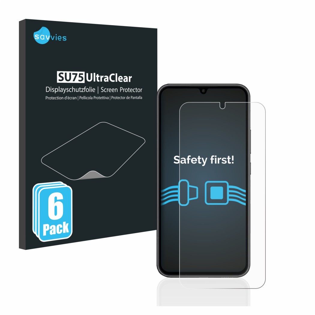 Front side of a product packaging with the brand logo Savvies. Next to it is the device Samsung Galaxy A34 5G shown with the c