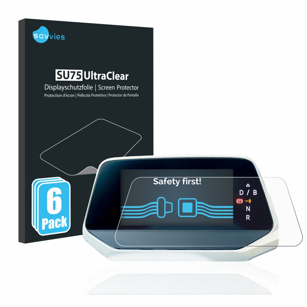 Front side of a product packaging with the brand logo Savvies. Next to it is the device Volkswagen ID.5 Digitalcockpit shown w