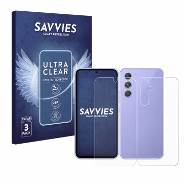 Vorderseite einer Produktverpackung mit dem Markenlogo Savvies. Daneben ist das Gerät Samsung Galaxy A54 5G (Display+Rückseite