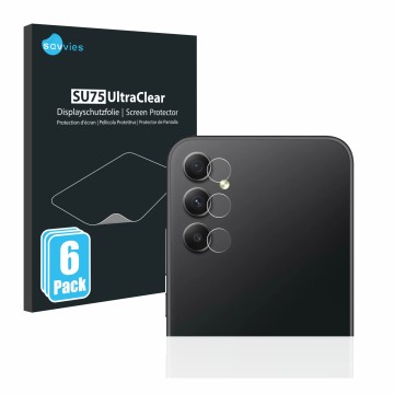 Front side of a product packaging with the brand logo Savvies. Next to it is the device Samsung Galaxy A34 5G (ONLY Camera Len