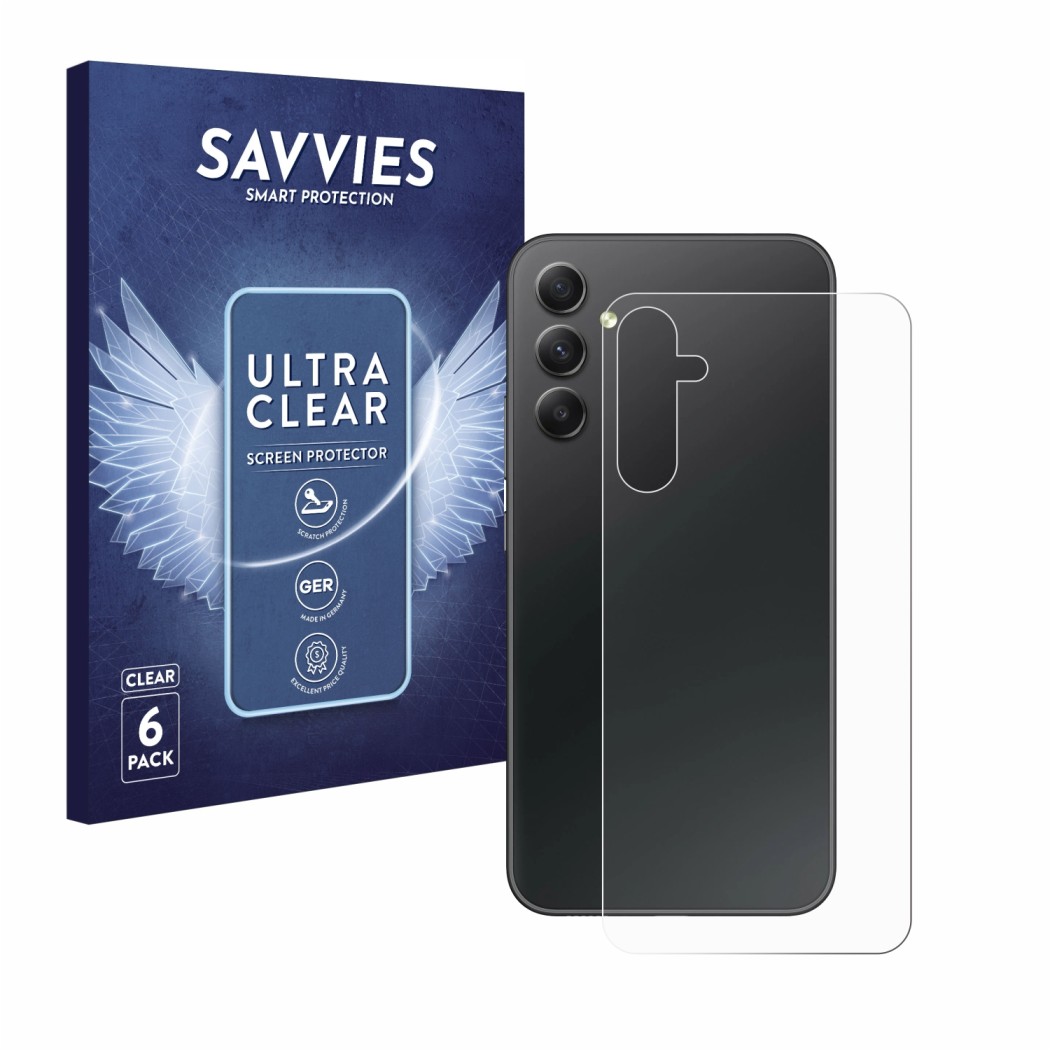 Front side of a product packaging with the brand logo Savvies. Next to it is the device Samsung Galaxy A34 5G (Back) shown wit