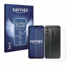 Vorderseite einer Produktverpackung mit dem Markenlogo Savvies. Daneben ist das Gerät Samsung Galaxy A34 5G (Display+Rückseite