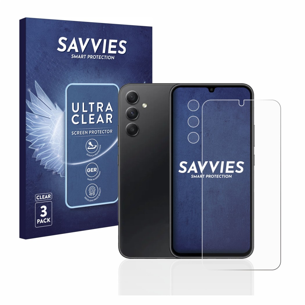 Front side of a product packaging with the brand logo Savvies. Next to it is the device Samsung Galaxy A34 5G (Front+Camera) s