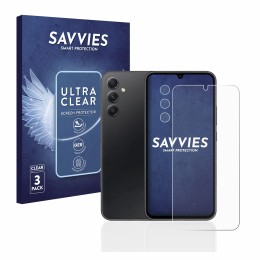 Vorderseite einer Produktverpackung mit dem Markenlogo Savvies. Daneben ist das Gerät Samsung Galaxy A34 5G (Display+Kamera) m