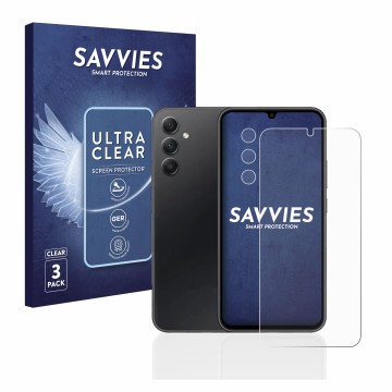 Vorderseite einer Produktverpackung mit dem Markenlogo Savvies. Daneben ist das Gerät Samsung Galaxy A34 5G (Display+Kamera) m