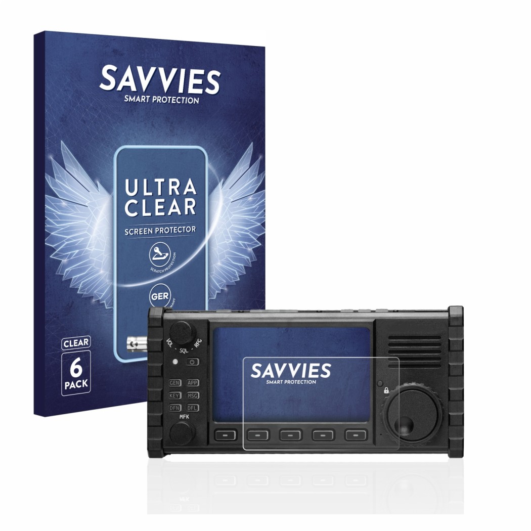 Vorderseite einer Produktverpackung mit dem Markenlogo Savvies. Daneben ist das Gerät Xiegu X6100 HF-Transceiver mit dem zugeh
