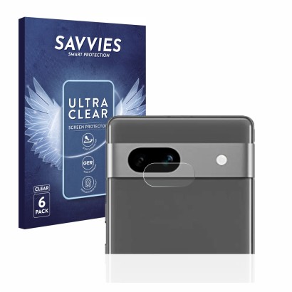 Face avant d’un emballage produit avec le logo de la marque Savvies. À côté, l’appareil Google Pixel 7a (Caméra UNIQUEMENT) es