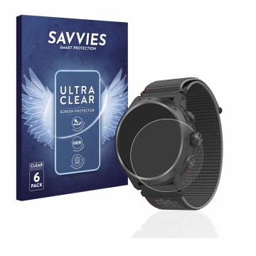 Face avant d’un emballage produit avec le logo de la marque Savvies. À côté, l’appareil Coros Apex 2 Pro est représenté avec l