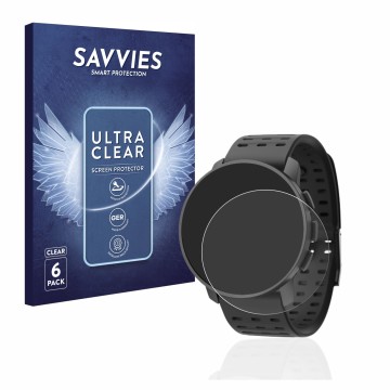 Vorderseite einer Produktverpackung mit dem Markenlogo Savvies. Daneben ist das Gerät Suunto 9 Peak Pro mit dem zugehörigen Di