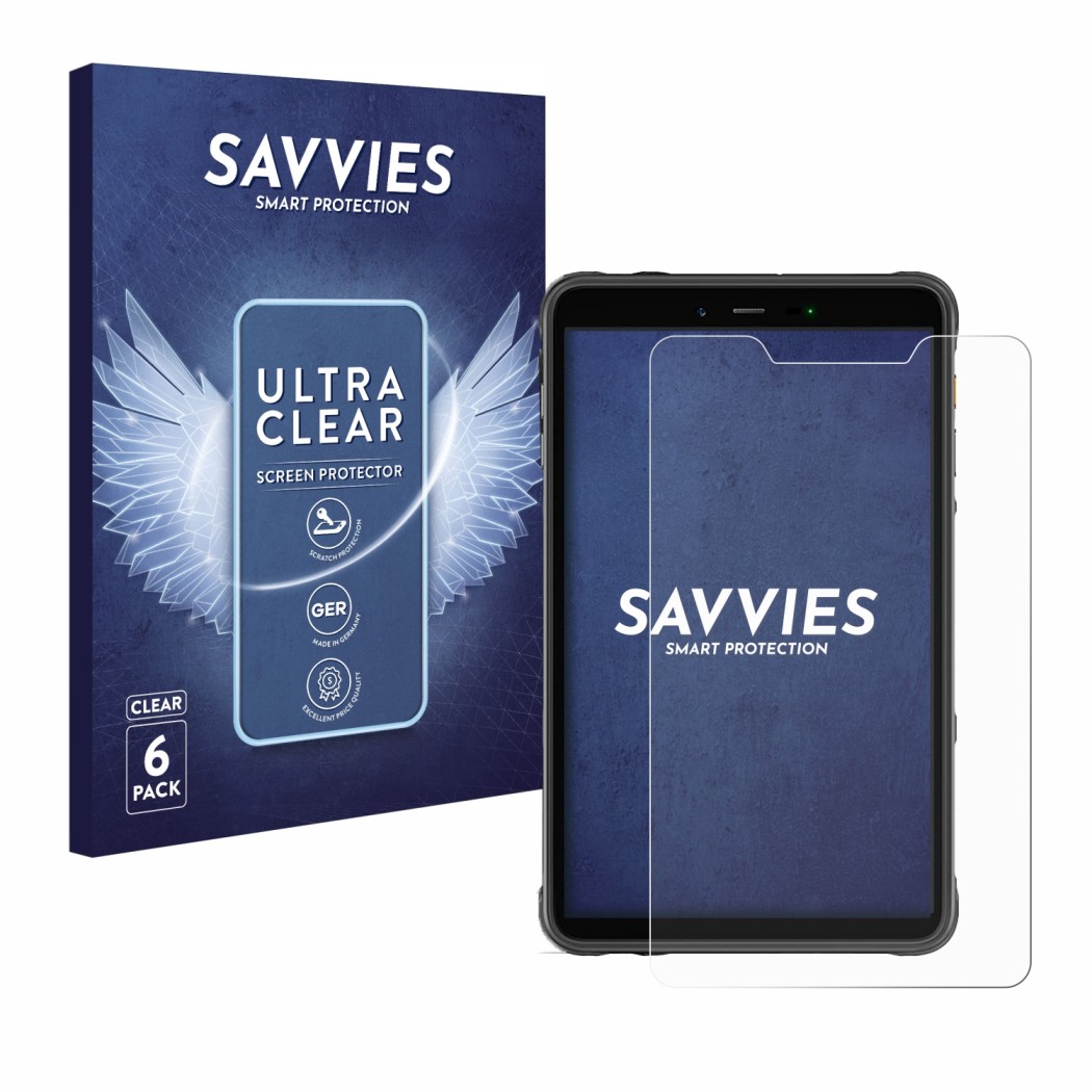 Front side of a product packaging with the brand logo Savvies. Next to it is the device Ulefone Armor Pad 8 shown with the cor