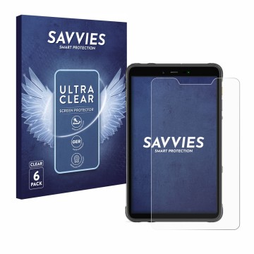 Front side of a product packaging with the brand logo Savvies. Next to it is the device Ulefone Armor Pad 8 shown with the cor