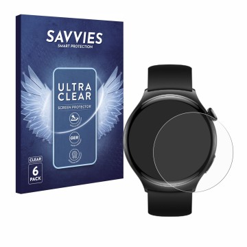 Vorderseite einer Produktverpackung mit dem Markenlogo Savvies. Daneben ist das Gerät Huawei Watch 4 mit dem zugehörigen Displ